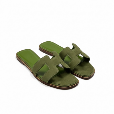 Hermès H-Style Suede Slippers – Olive Green Luxe Flats 🌿