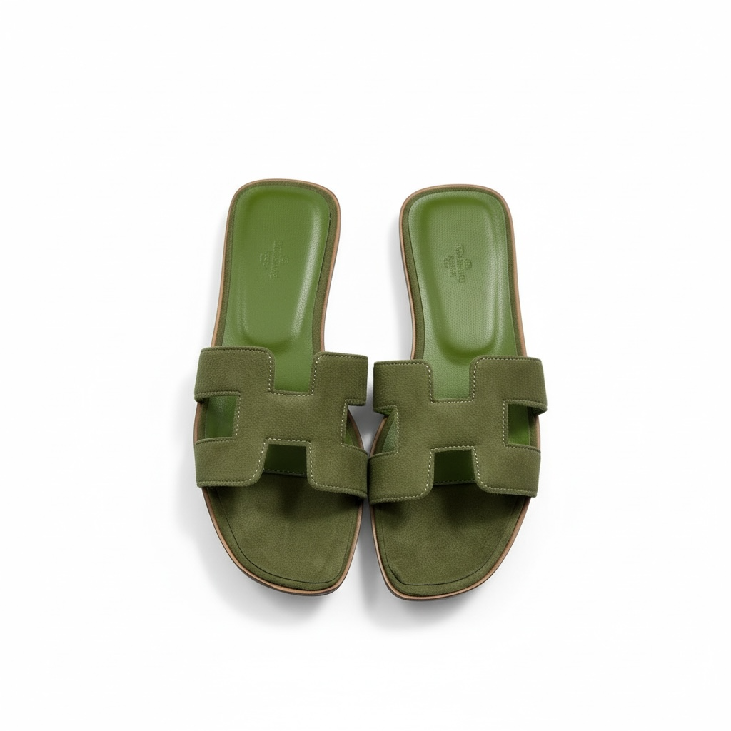 Hermès H-Style Suede Slippers – Olive Green Luxe Flats 🌿