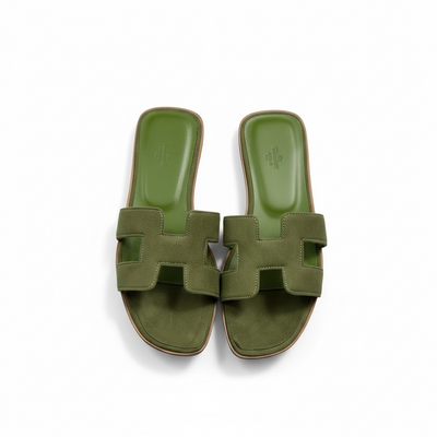 Hermès H-Style Suede Slippers – Olive Green Luxe Flats 🌿
