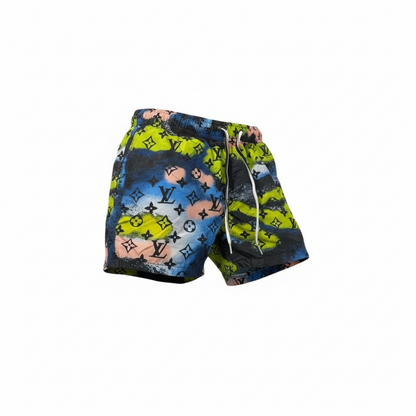 Louis Vuitton-Inspired Graffiti Swim Shorts – Neon Splash Monogram 💚💙🖤