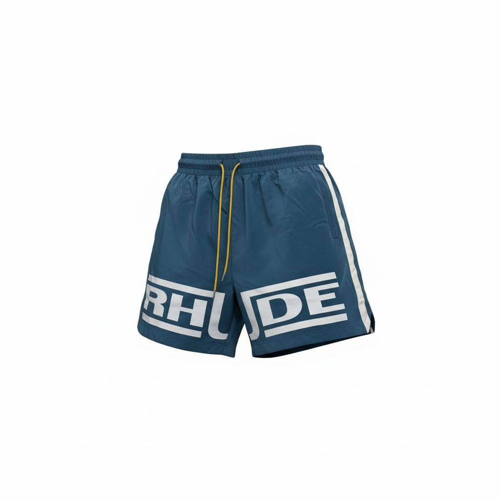 🩵 RHUDE Logo Swim Shorts – Blue with Yellow Drawstring & White Side Stripes