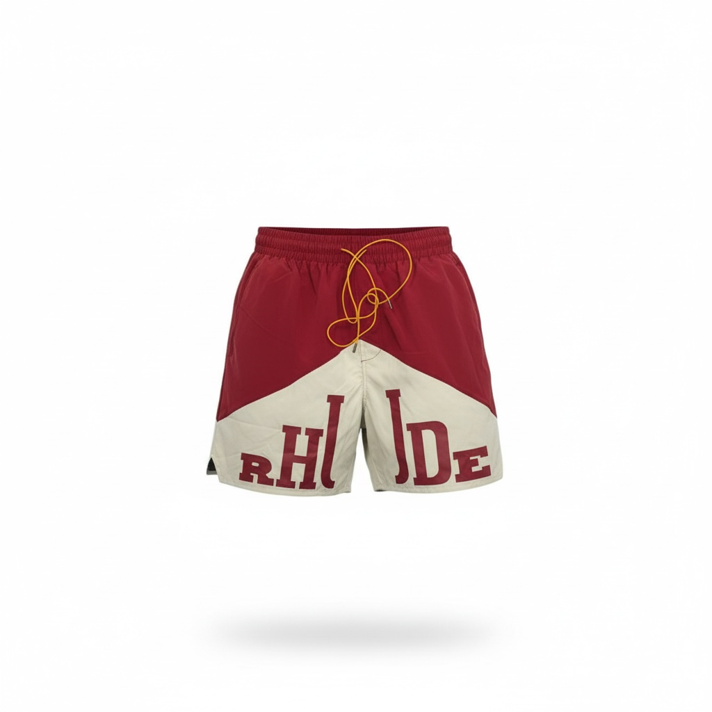 Rhude Panel Logo Swim Shorts – Red & Cream Edition ❤️