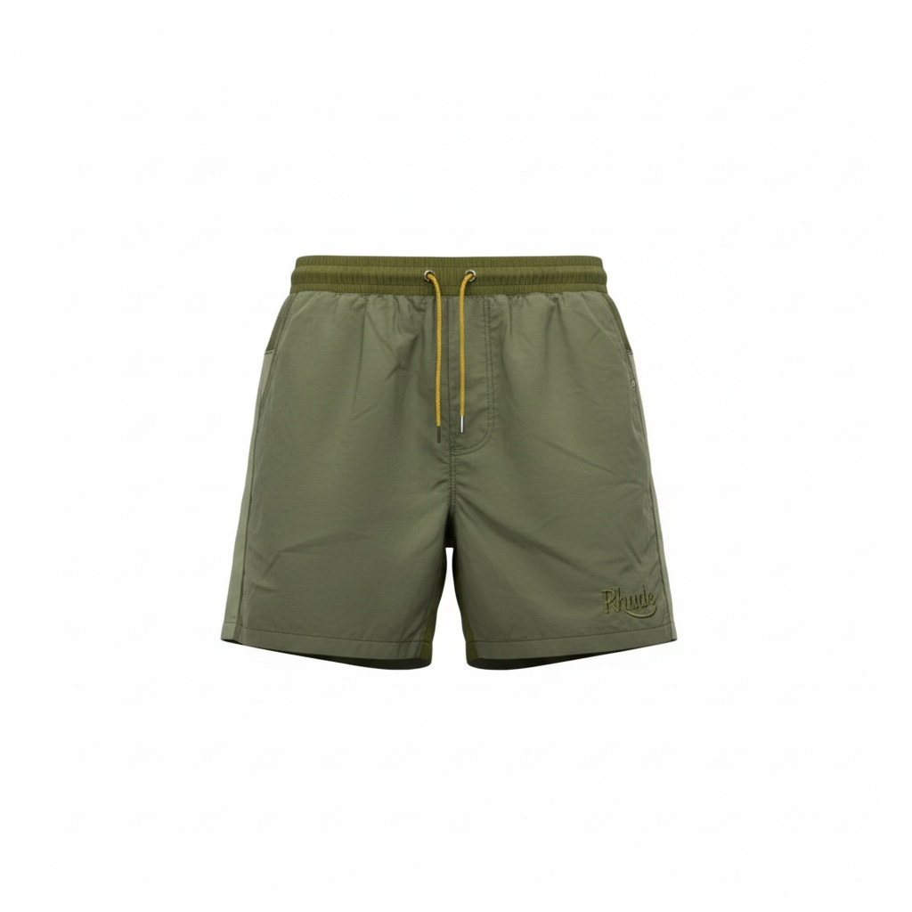 Rhude Olive Green Panel Swim Shorts – Urban Jungle Vibes 🌿💛