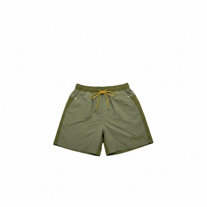 Rhude Olive Green Panel Swim Shorts – Urban Jungle Vibes 🌿💛