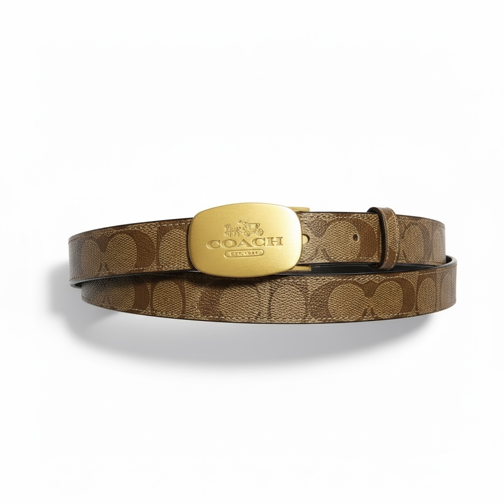 Coach Signature Logo Belt – Brown & Gold Buckle ✨
