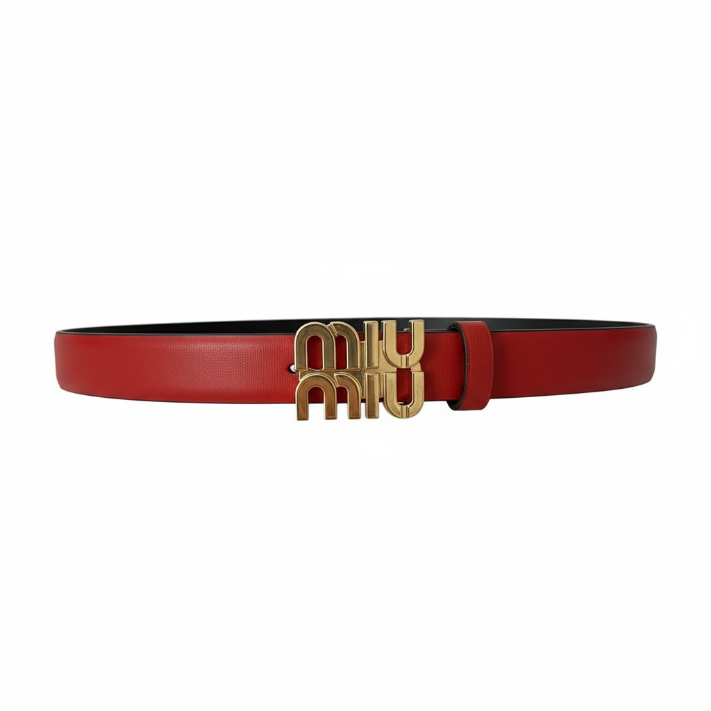 Miu Miu Logo Leather Belt – Red with Gold Buckle ❤️✨