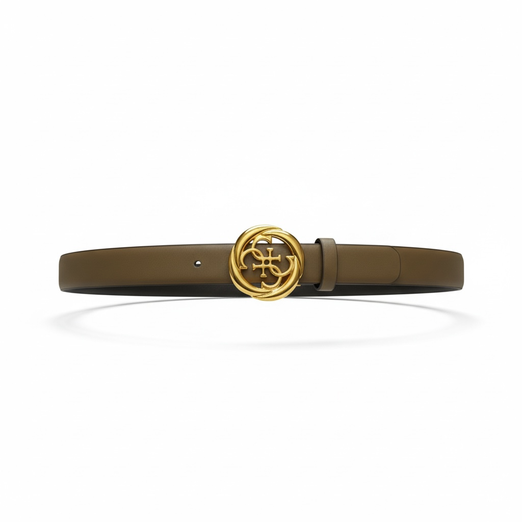 Guess Logo Leather Belt – Olive Brown with Gold Medallion 🤎✨