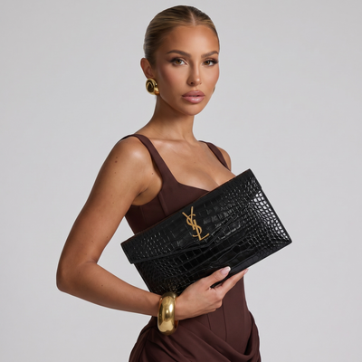 Saint Laurent YSL Croc Embossed Envelope Clutch – Black & Gold 🐊✨ | Luxury Evening Bag