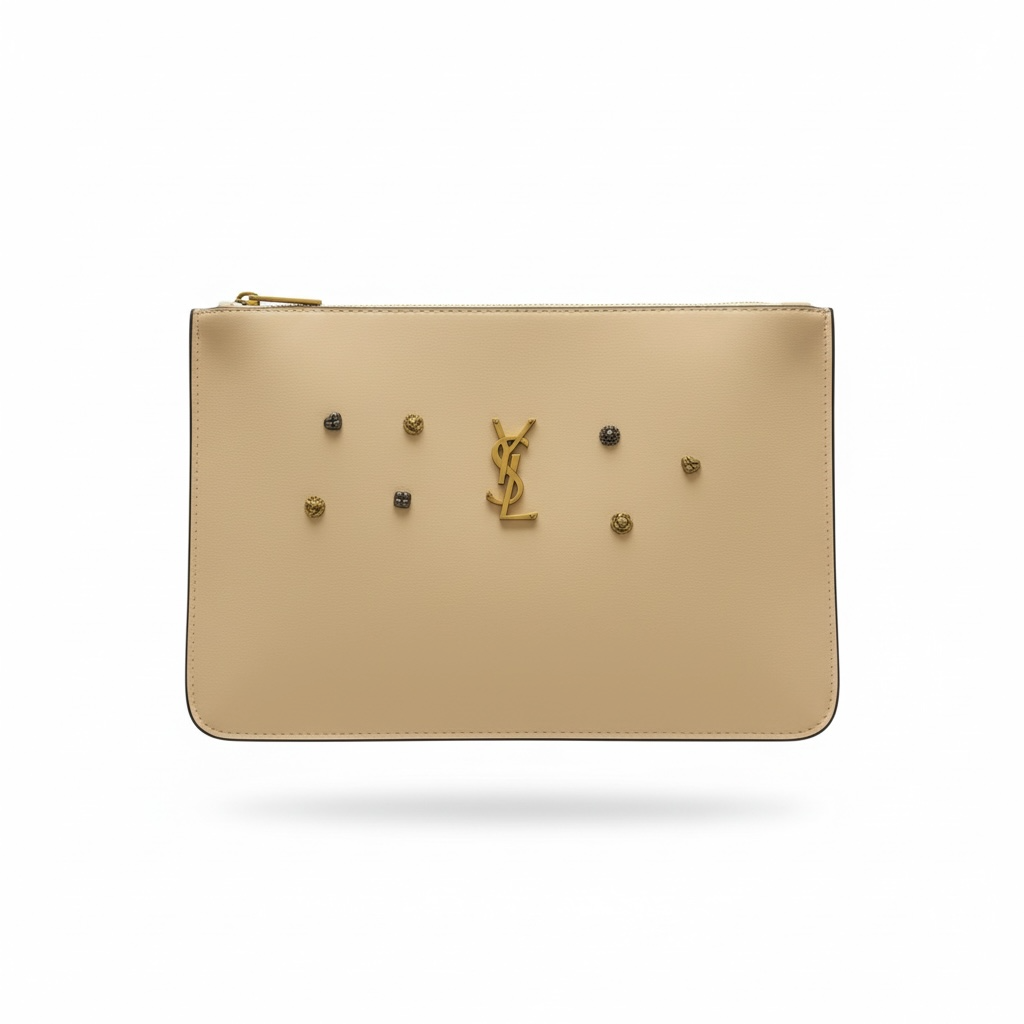 Saint Laurent YSL Studded Leather Zip Pouch – Beige 🤍✨