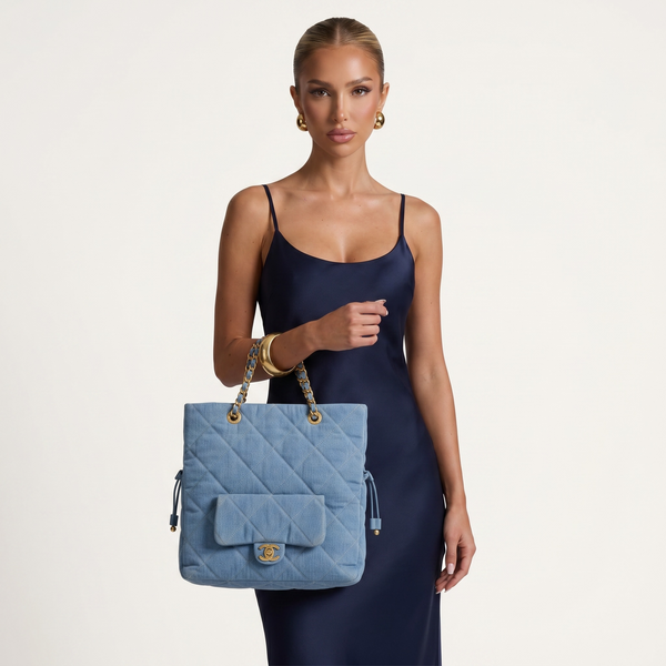 Chanel Quilted Denim Drawstring Tote Bag with Chain Strap 💙✨
