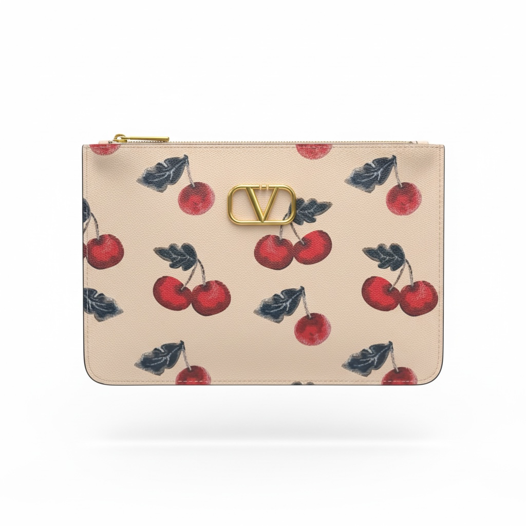 Valentino Cherry Print V-Logo Zip Pouch – Beige