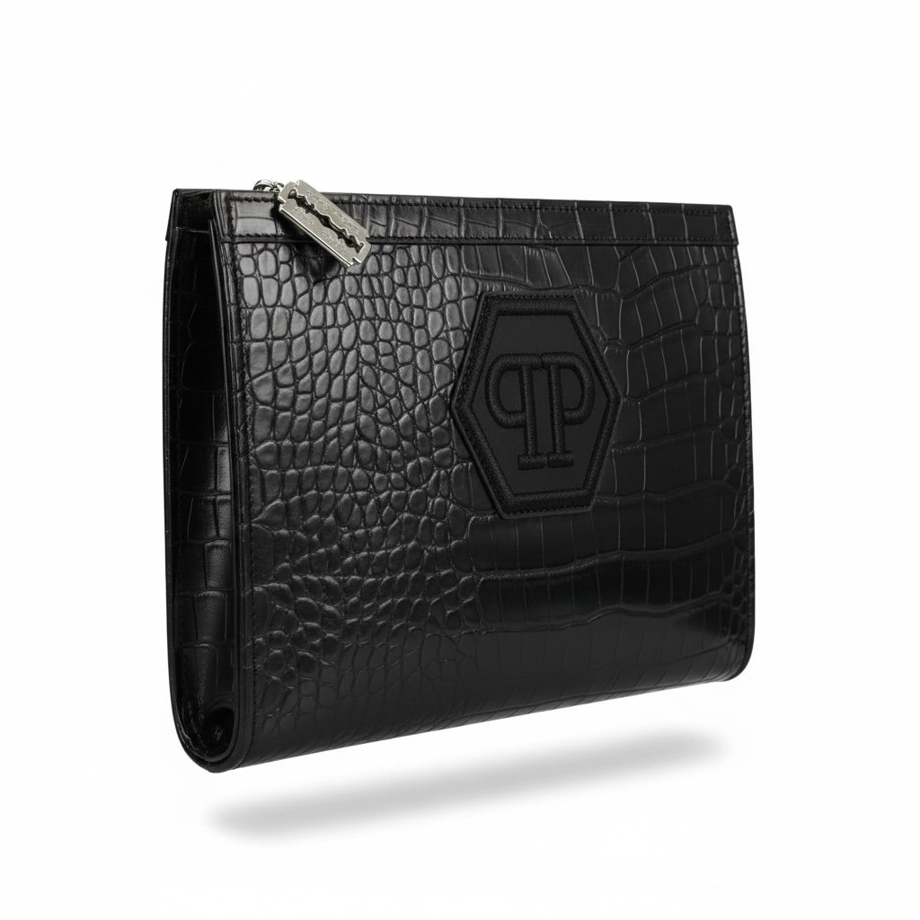 Philipp Plein Croc-Embossed Leather Clutch – Black 🐊🖤