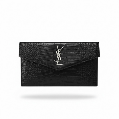 🖤 YSL Croc-Embossed Black Envelope clutch– Silver Elegance