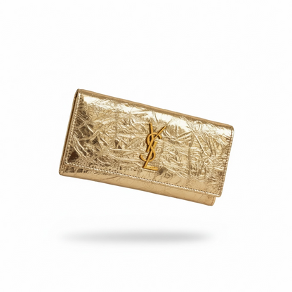 Saint Laurent Gold YSL Wallet – Crinkled Metallic Leather ✨💛