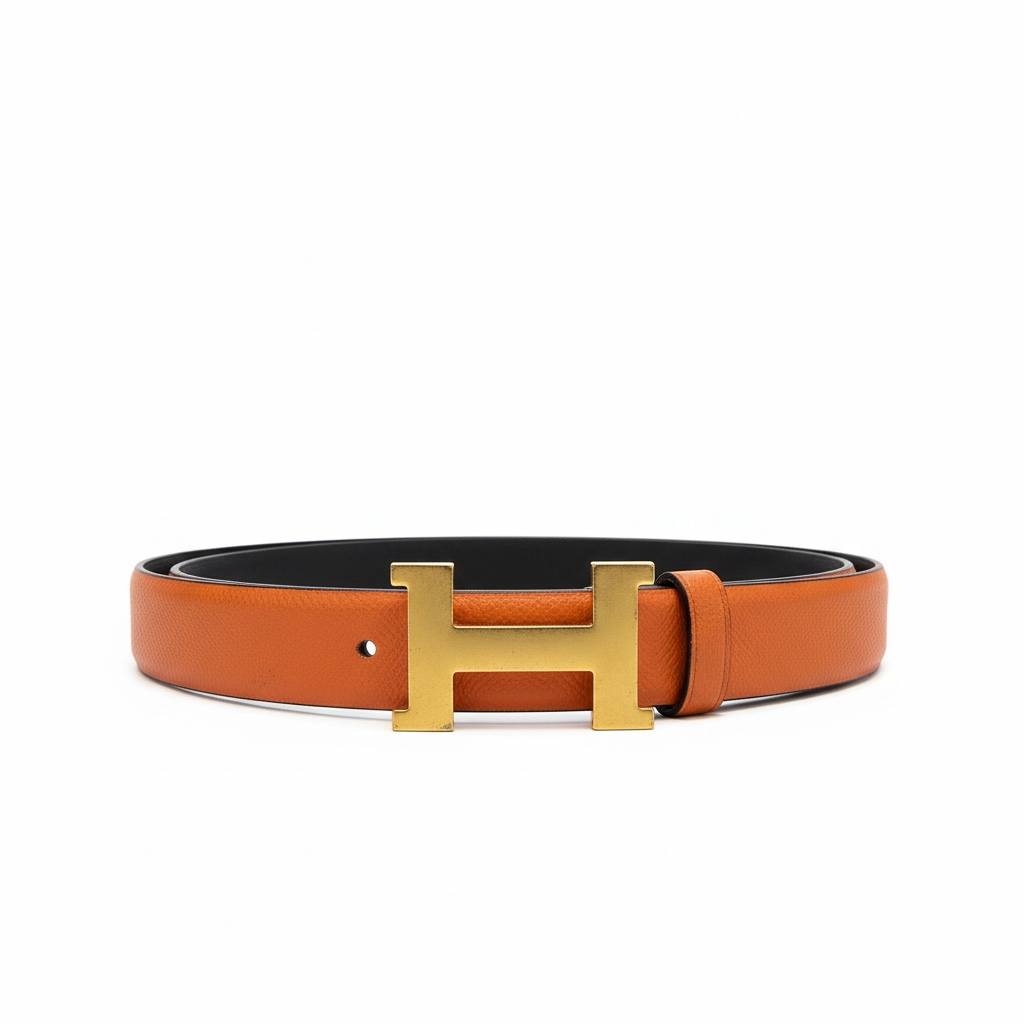 Hermès Orange & Black Reversible Leather Belt with Gold H Buckle 🧡🖤✨
