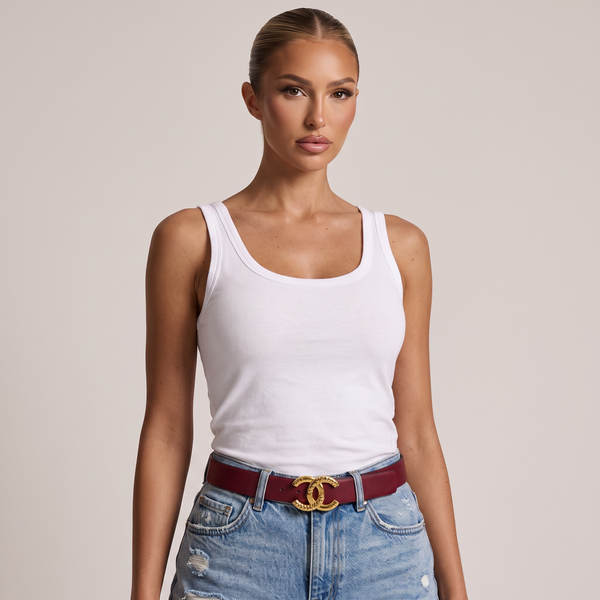 Chanel CC Logo Leather Belt – Burgundy Gold Statement Buckle ✨🍷