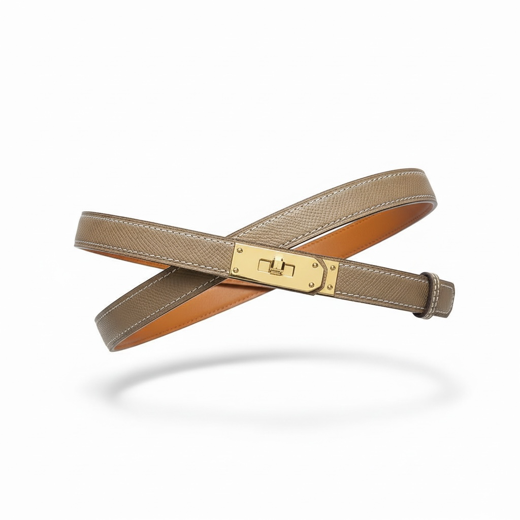Hermès Taupe Leather Slim Belt with Gold Turn-Lock ✨🤎