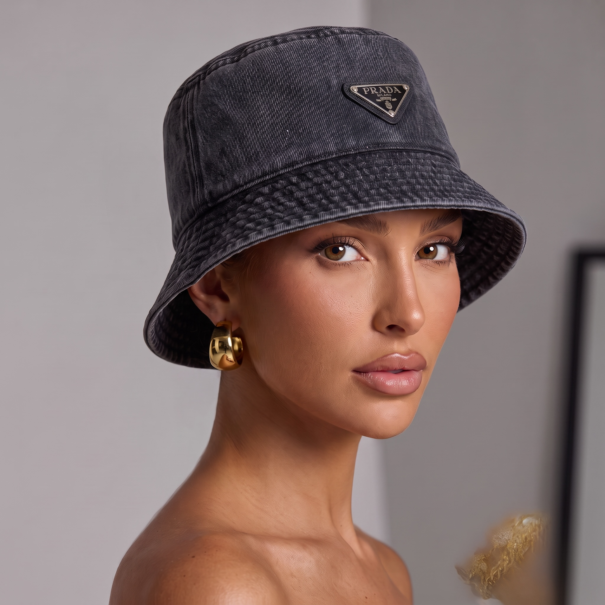 Prada Black Distressed Bucket Hat 🖤 | Washed Cotton Hat with Tonal Triangle Patch