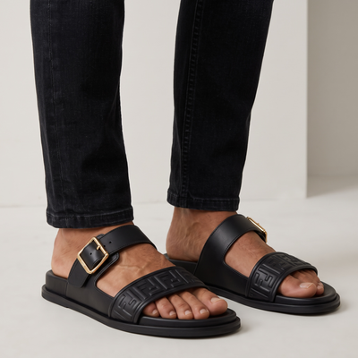 Fendi FF Embossed Double Strap Luxury Slides – Black