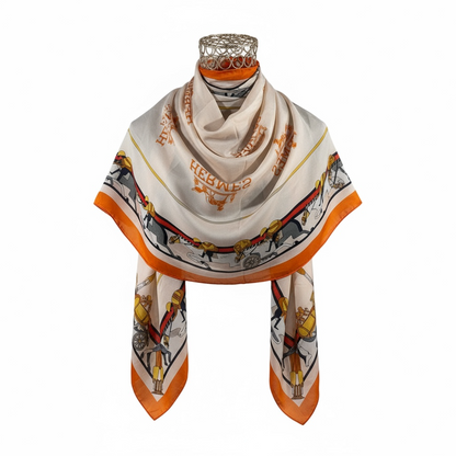 🤍🧡 Hermès Paris Silk Scarf – Ivory with Orange Accents ✨