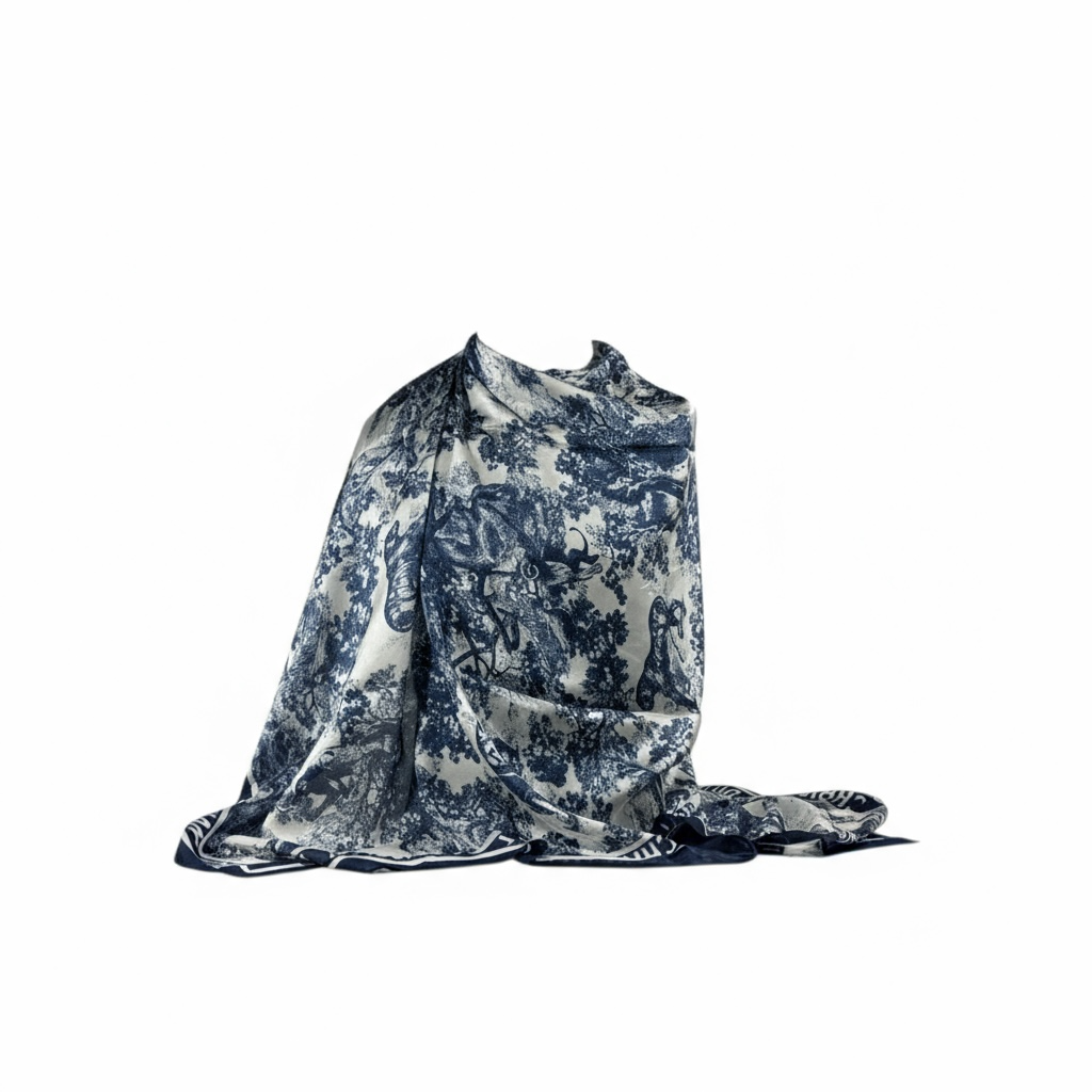 🌿 Christian Dior Toile de Jouy Silk Scarf – Blue & White Elegance ✨