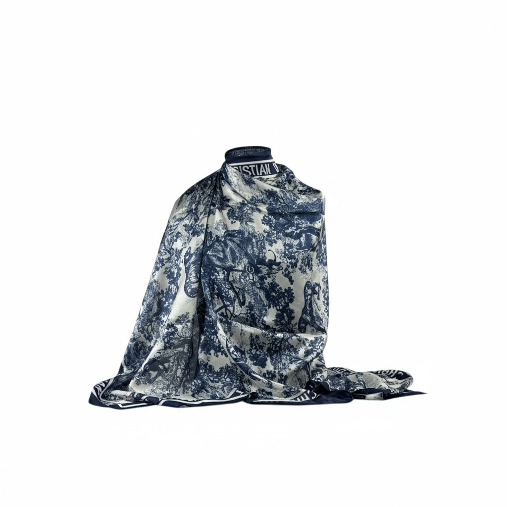 🌿 Christian Dior Toile de Jouy Silk Scarf – Blue & White Elegance ✨