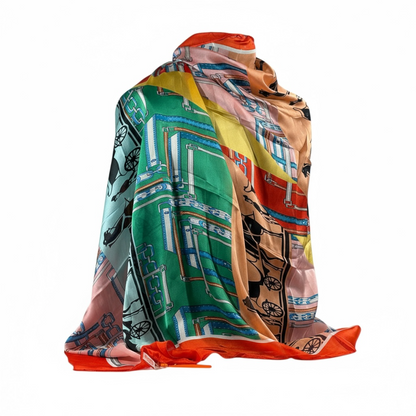 🌈 Hermès Paris Silk Scarf – Multicolor Elegance with Orange Border ✨