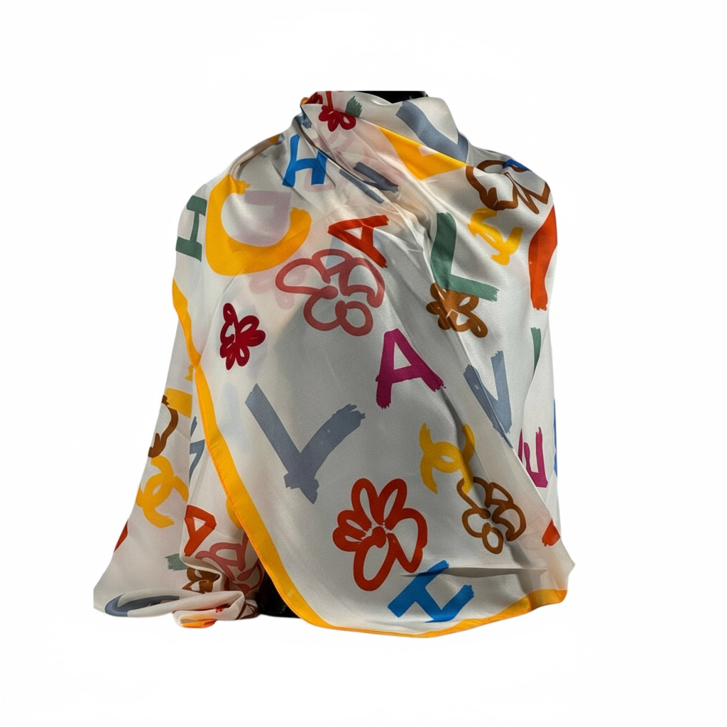🌸 Chanel Multicolor Silk Scarf – White Canvas with Yellow Trim ✨
