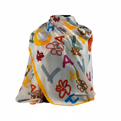 🌸 Chanel Multicolor Silk Scarf – White Canvas with Yellow Trim ✨