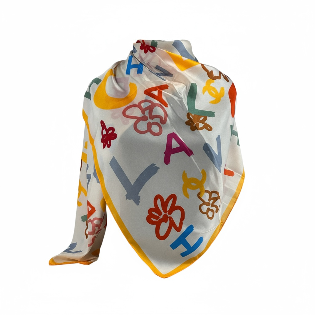 🌸 Chanel Multicolor Silk Scarf – White Canvas with Yellow Trim ✨