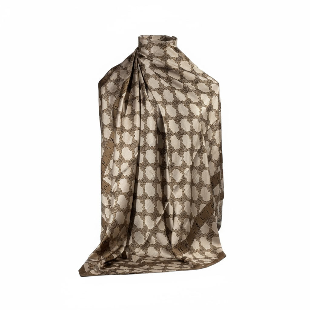🤎 Celine Silk Scarf – Triomphe Pattern in Beige & Brown Elegance ✨