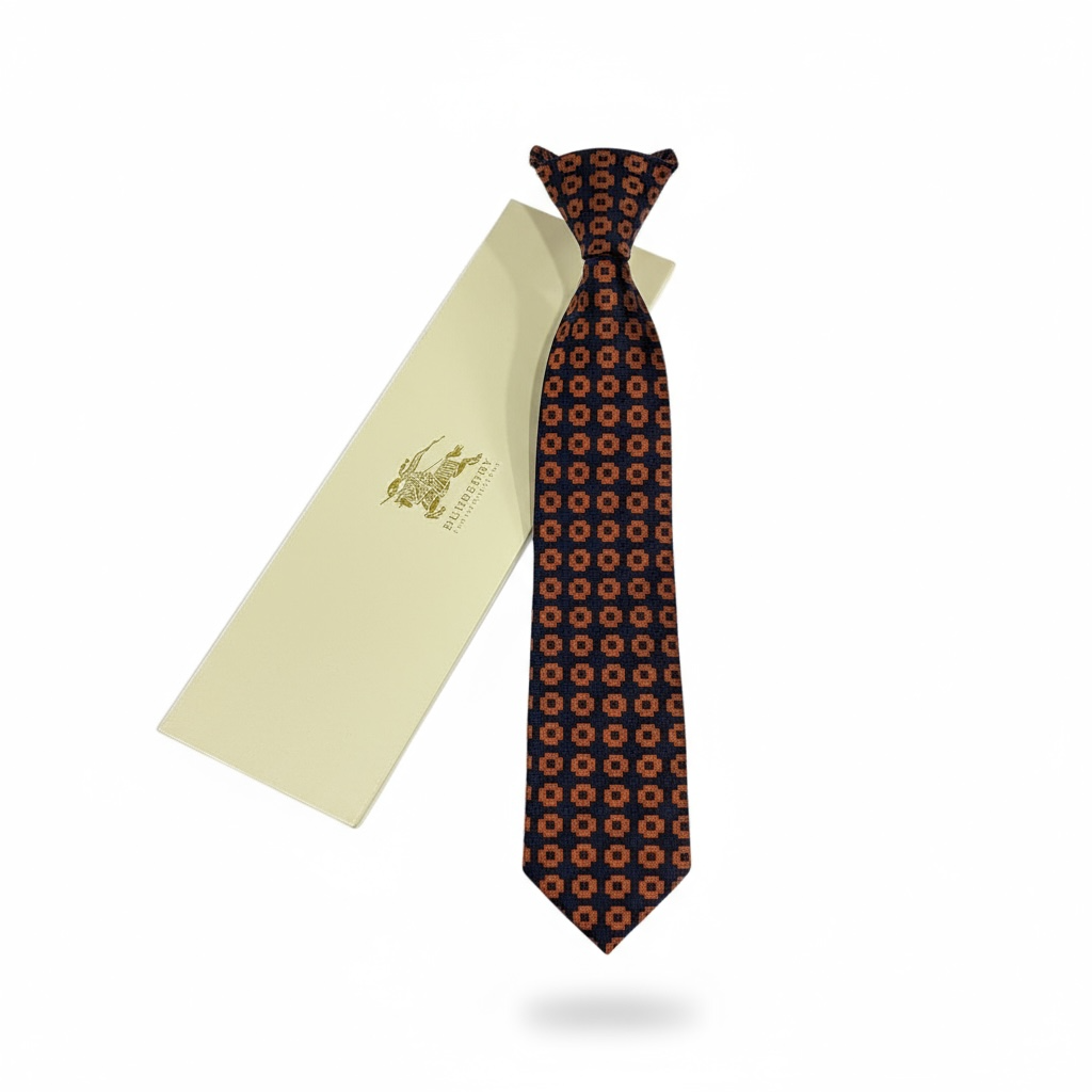🟠 Burberry Luxury Silk Tie – Orange & Navy Geometric Pattern 👔✨ | Designer Men’s Necktie