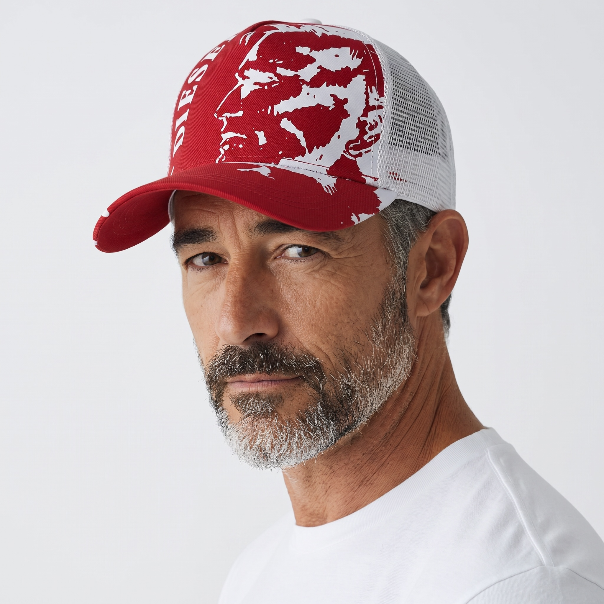 🧢 Diesel Red & White Trucker Cap – Iconic Mohawk Graphic | Unisex Streetwear Hat