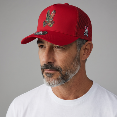 🧢 Psycho Bunny Red Mesh Trucker Cap – Signature Skull Logo