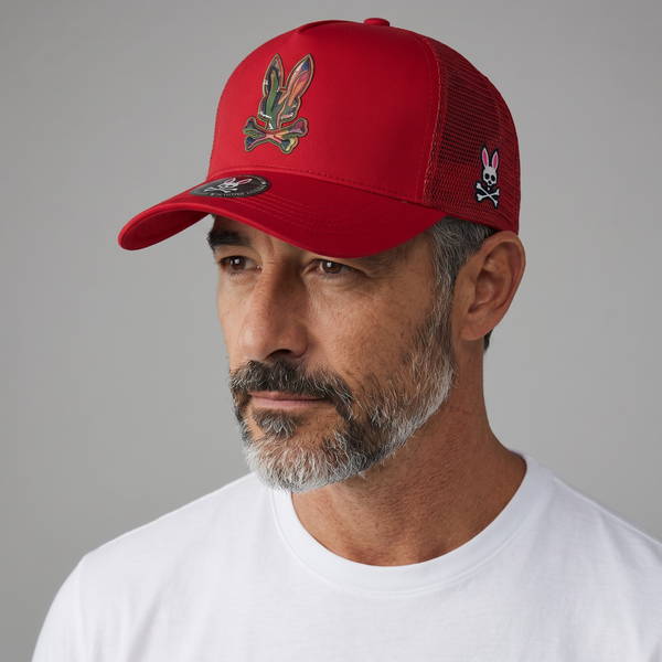 🧢 Psycho Bunny Red Mesh Trucker Cap – Signature Skull Logo