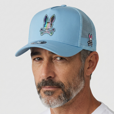 🧢 Psycho Bunny Light Blue Mesh Cap – Bunny Skull Logo
