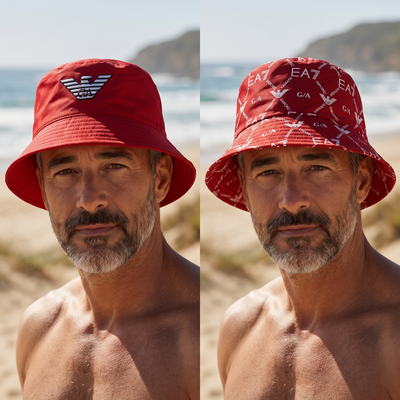 Emporio Armani Reversible Bucket Hat 🔴 | Red Double-Face Logo Hat with Monogram & Eagle Embroider