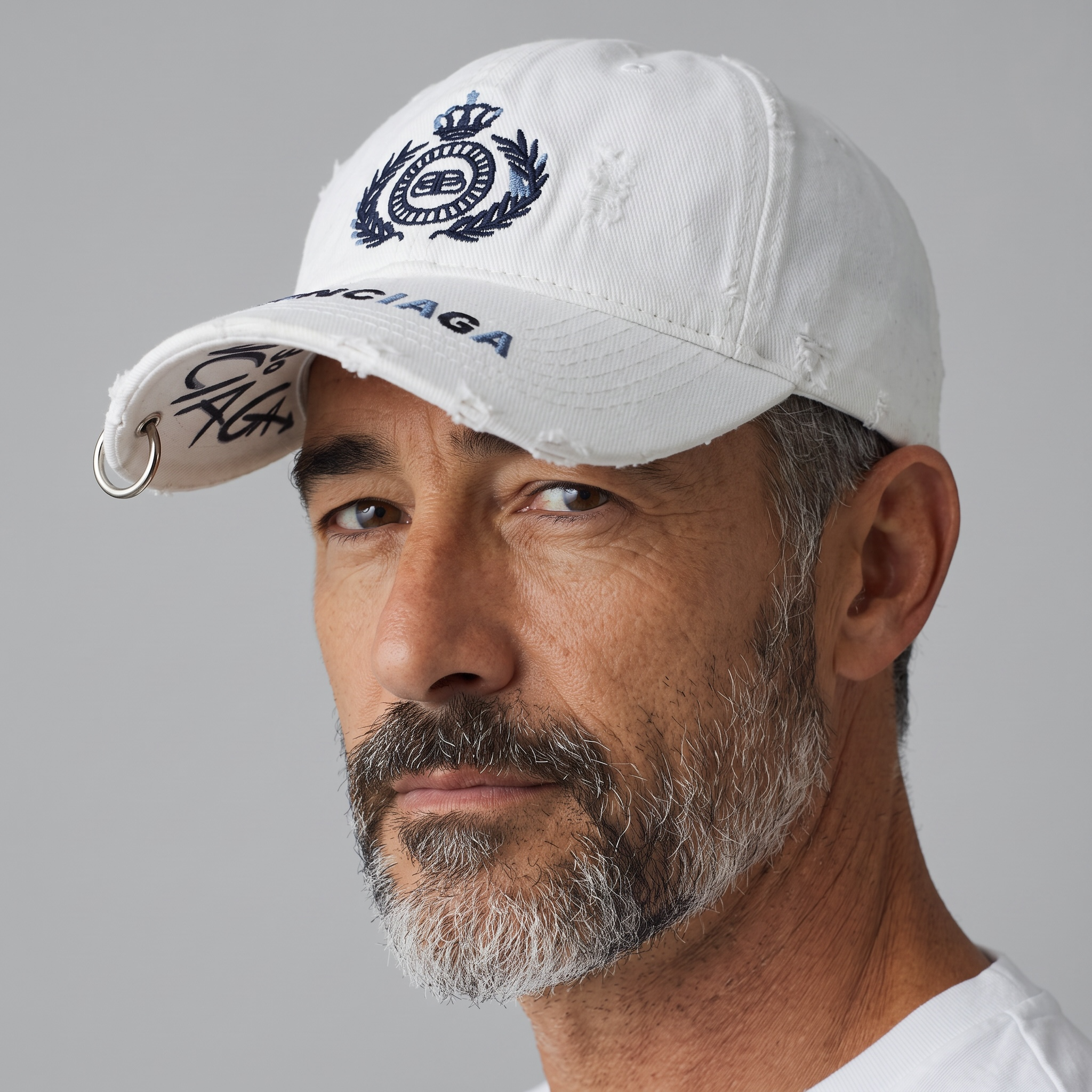 Balenciaga Distressed Crest Baseball Cap – White