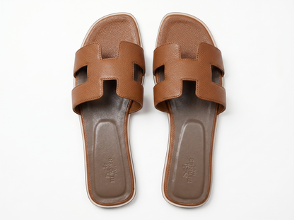🤎 Hermès Oran-Inspired Camel Leather Sandals | Timeless Luxury Flat Slides