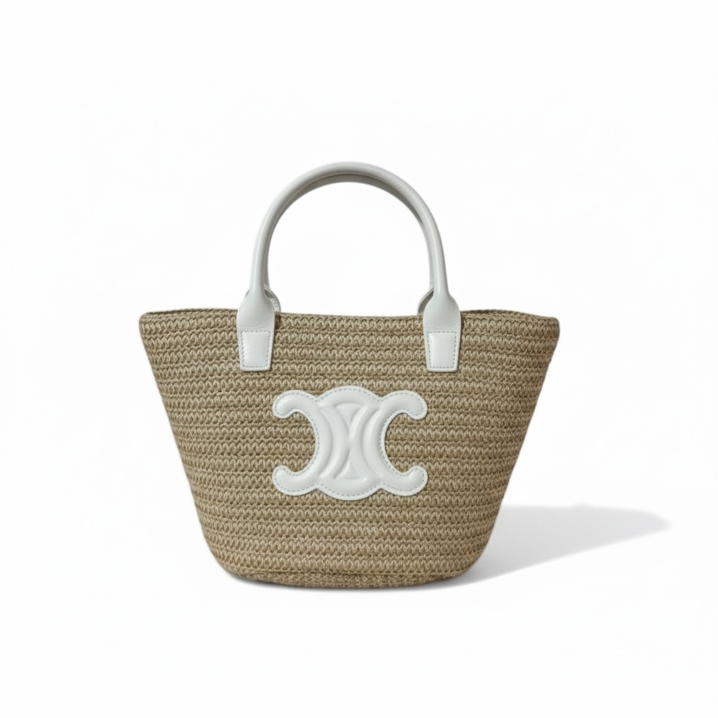 Celine Triomphe Raffia Mini Basket Bag – White Leather & Gold Hardware Shoulder Strap 🕊️