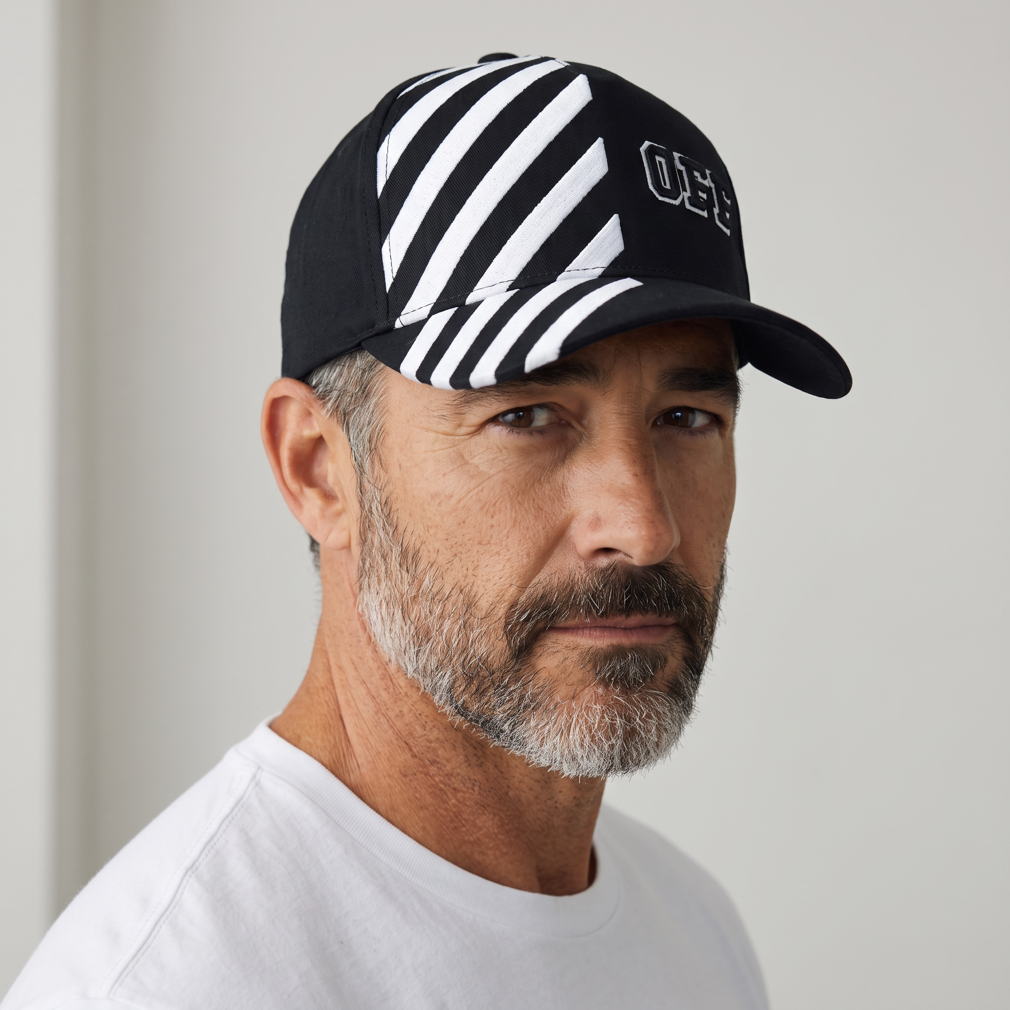 🧢⚫ Off-White Diagonal Stripe Baseball Cap – Black & White ⚪
