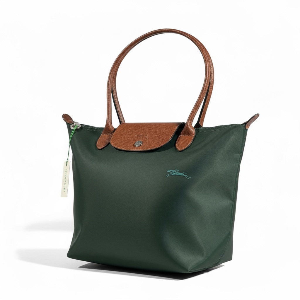 Longchamp Le Pliage Small Tote 🌿 Forest Green with Brown Leather