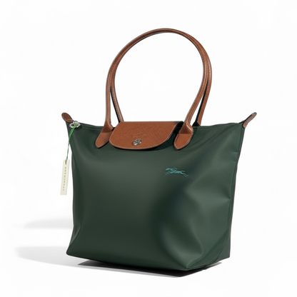 Longchamp Le Pliage Small Tote 🌿 Forest Green with Brown Leather
