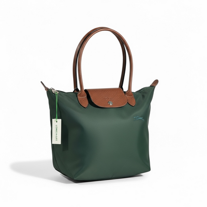 Longchamp Le Pliage Small Tote 🌿 Forest Green with Brown Leather