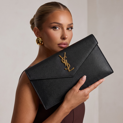 Saint Laurent YSL Kate Envelope Clutch – Black & Gold 🖤✨ | Luxury Evening Bag