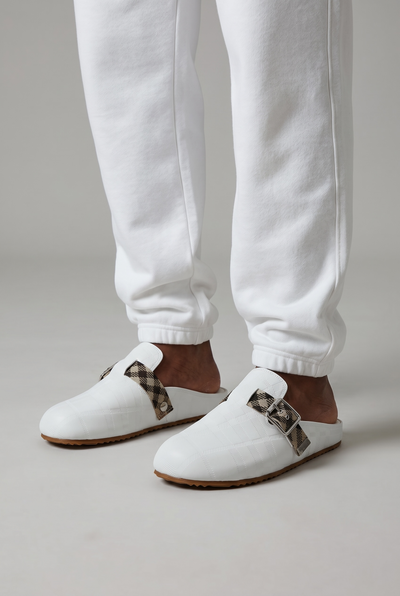 Burberry Check Pattern Slip-On Clogs with Buckle – Luxury Comfort Slides 🤍✨
