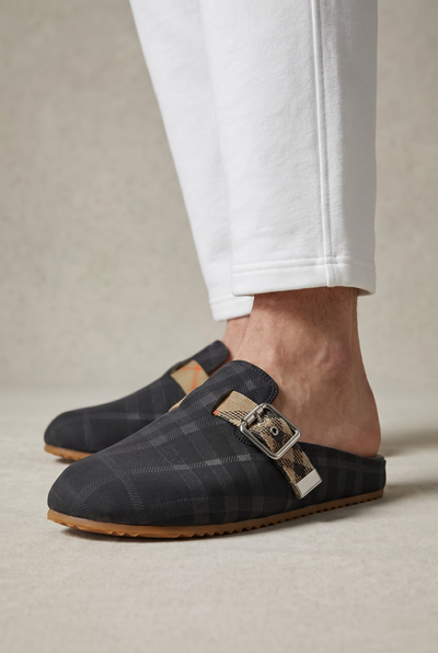 Burberry Black Check Slip-On Clogs with Buckle – Luxury Minimal Slides 🖤✨