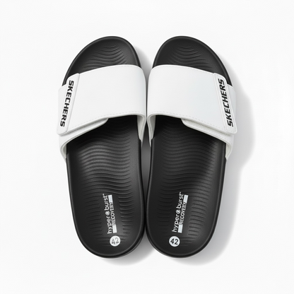 Skechers Hyper Burst Recovery Slides – White & Black Edition ⚪🖤