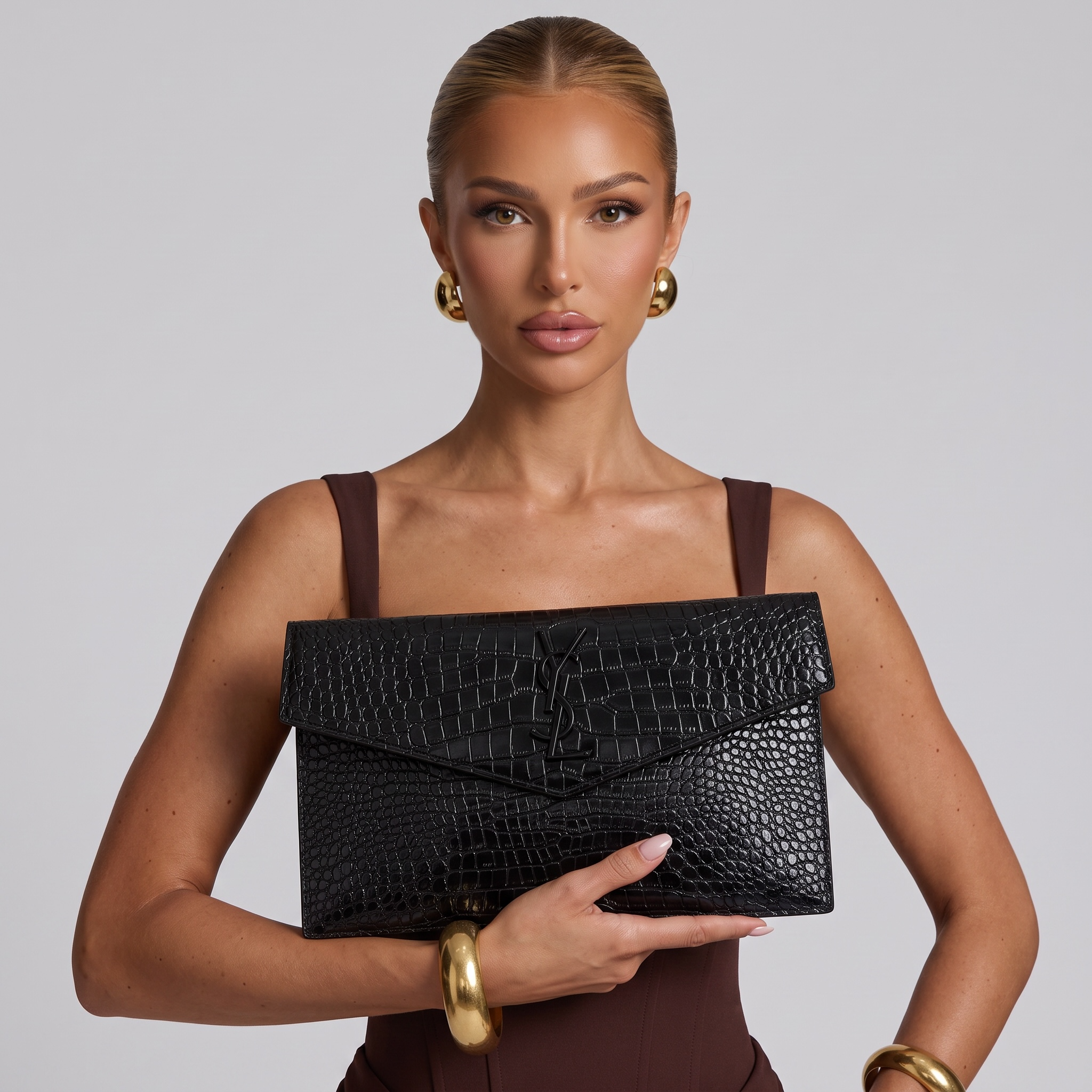 Saint Laurent YSL Croc Embossed Envelope Clutch – All Black 🐊🖤 | Luxury Monochrome Edition