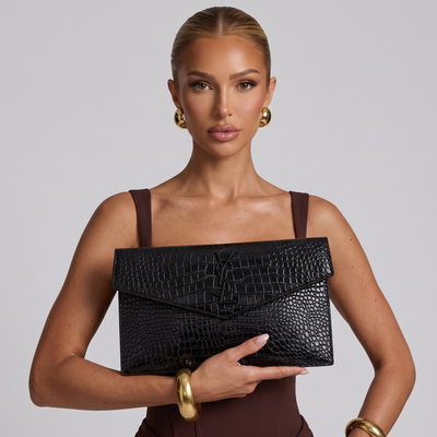 Saint Laurent YSL Croc Embossed Envelope Clutch – All Black 🐊🖤 | Luxury Monochrome Edition